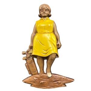 Vintage 1968 Sexton Metal Wall Plaque Lady Golf Female Golfer Yellow Dress Clubs